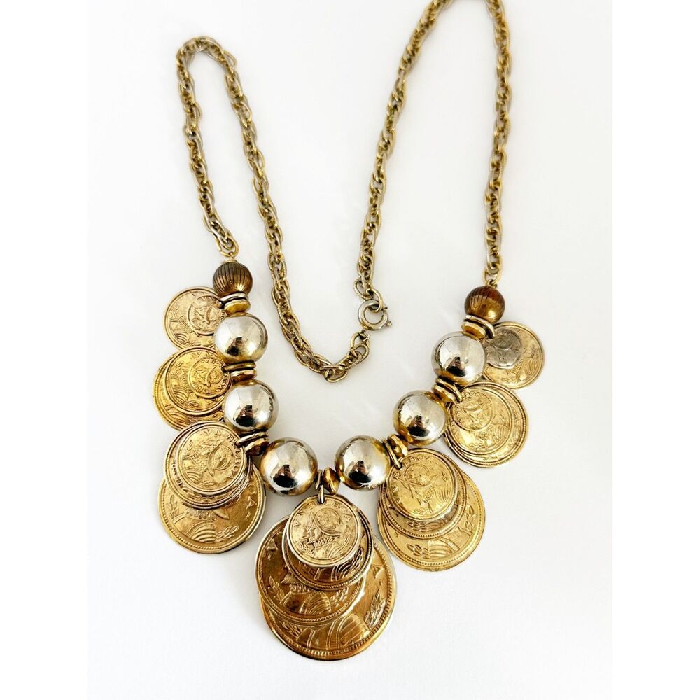 Vintage VN BALBOA Spanish Coin Treasure Necklace Gold Tone